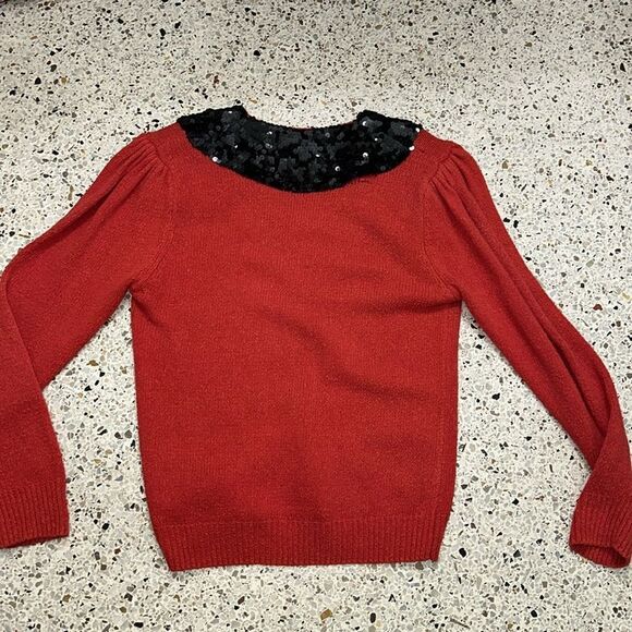 Red Lauren Cole silk angora sequin bow front sweater puff sleeve small s petite - Picture 4 of 5